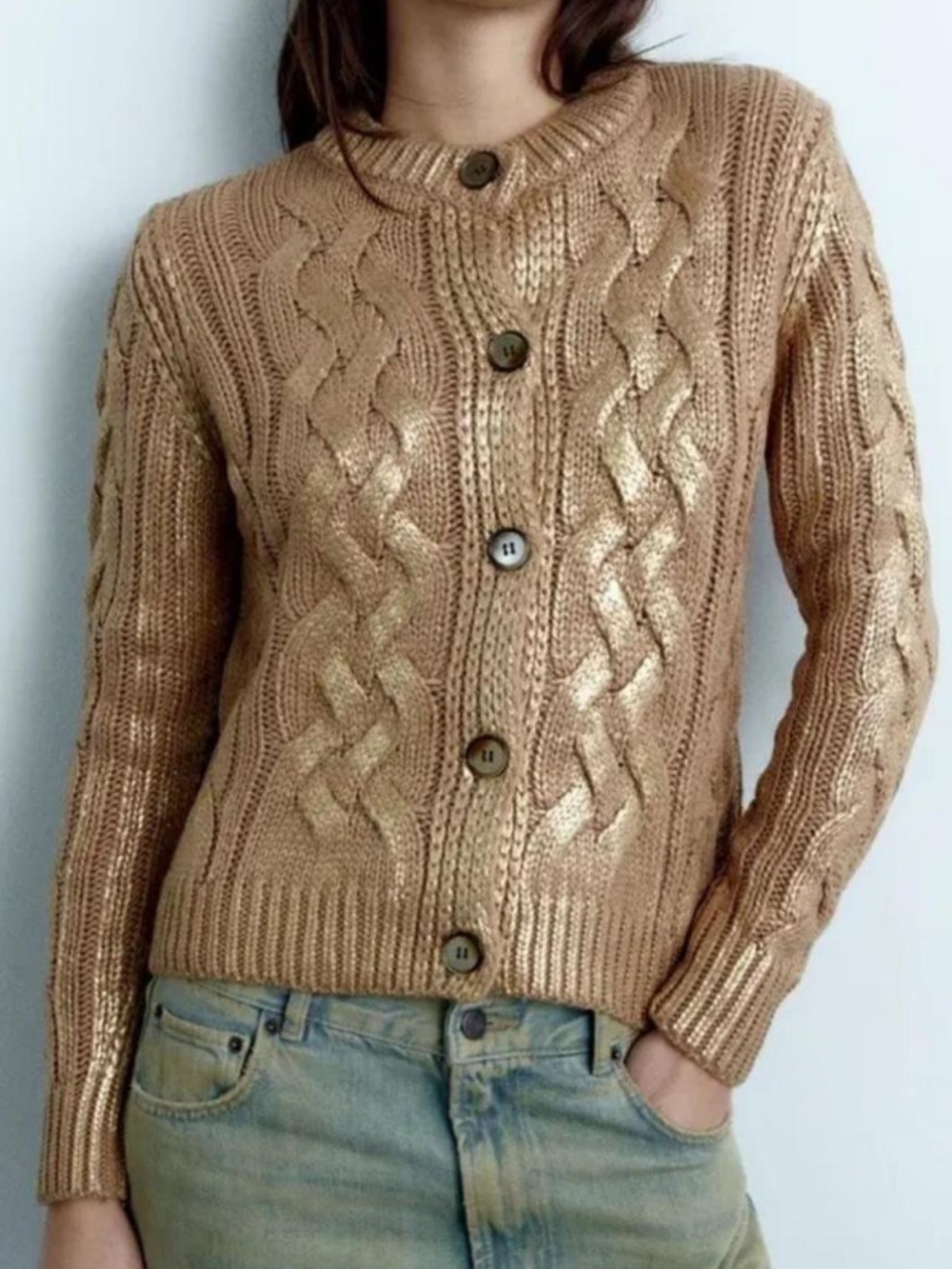 New Zara Metallic Gold Cable-Knit Button Cardigan - Size: S